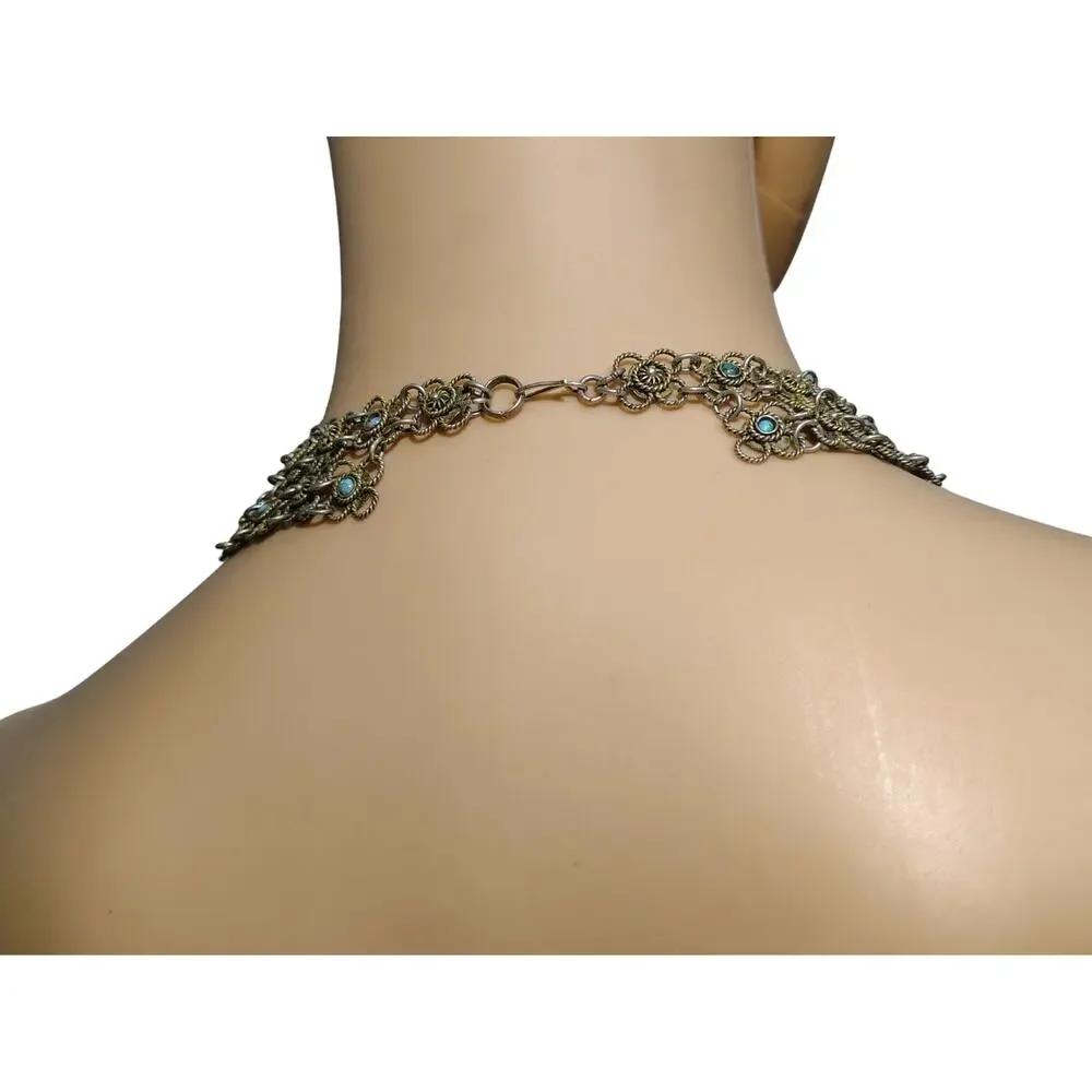 1980s Multi Strand Interlocking Links Mini Flower Design Necklace Hook Closure
